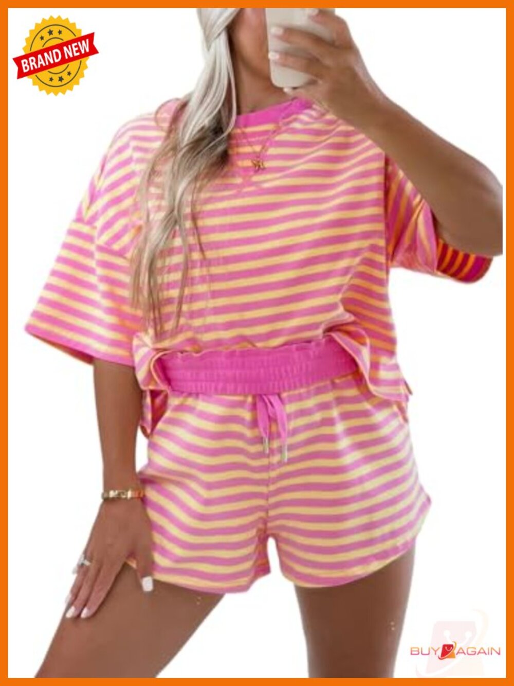 Women's Striped Short Sleeve Tee & High Waist Drawstring Shorts Lounge Set